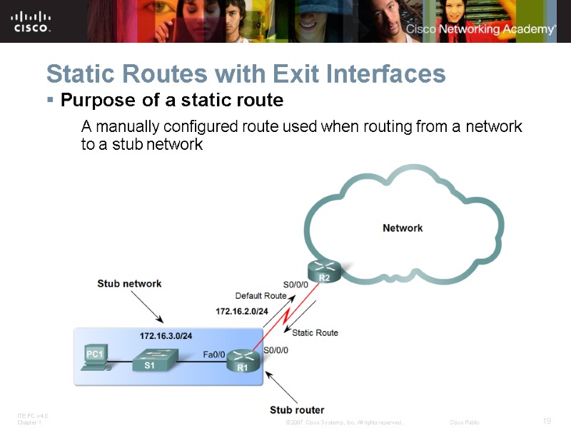 Static Routes with Exit Interfaces Purpose of a static route A manually configured route